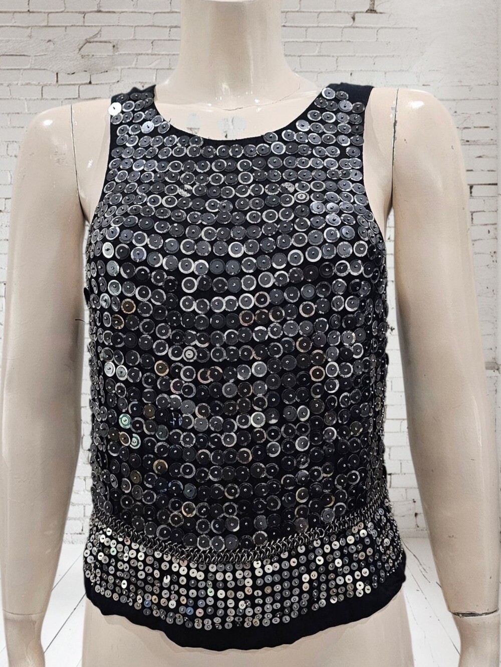 MLV Women Black Silver Beaded Chains Detail Chiffon Sleeveless Tank Top S